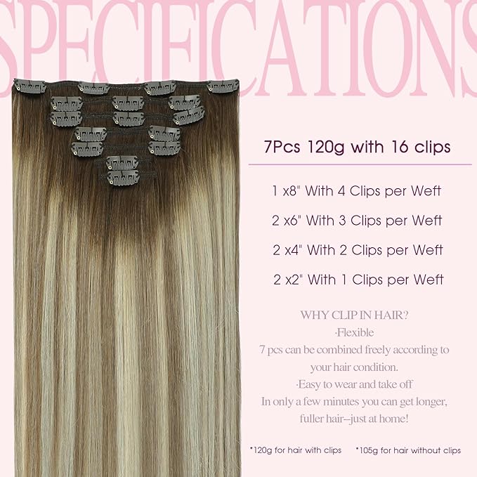 PINKPEARL Clip in Human Hair Extensions #3/8/22 Balayage Walnut Brown to Ash Brown and Golden Blonde Clip in Hair Extensions Real Human Hair 7pcs 120g 18inch Human Hair Extensios Clip ins(#3/8/22-18)