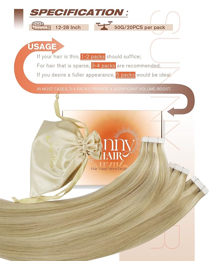 Sunny Hair Tape in Hair Extensions Real Human Hair Invisible Remy Hair Extensions Tape ins for Women Dark Blonde Highlights Light Blonde 16 inch 20Pcs 50G