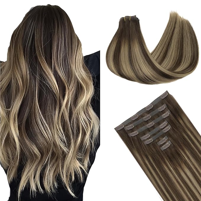 GOO GOO Clip in Hair Extensions Real Human Hair, Remy Human Hair Extensions Clip ins for Women, Natural Human Hair, 18inch 130g 7Pcs, 4/26/4 Balayage Chocolate Brown to Honey Blonde