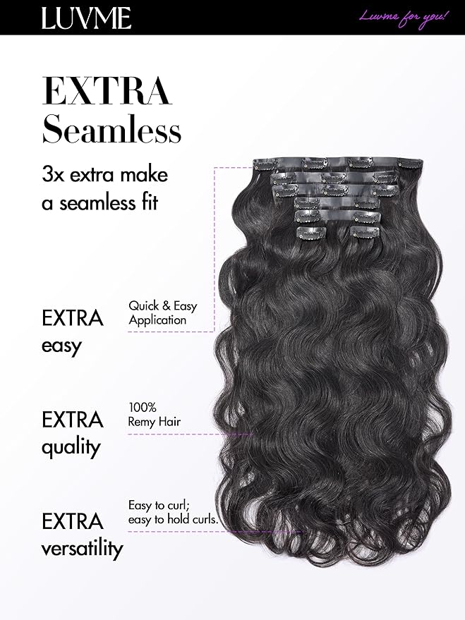 LUVME Body Wave Seamless 2 Pack 220g 14Pcs Clip in Hair Extensions Full Max with 16inch Remy Human Hair Extensions, Natural Black 100% Real Soft Hair