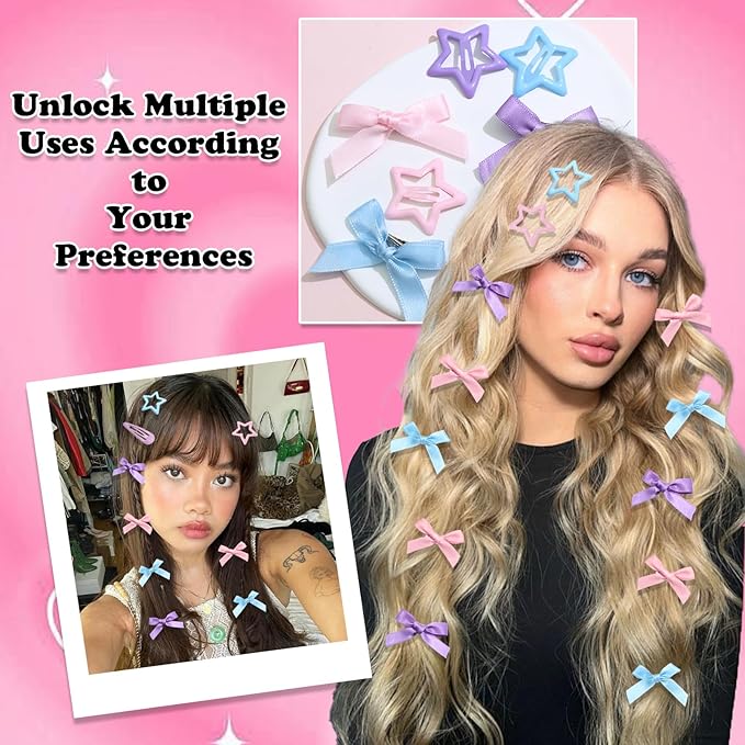 36Pcs Pink Mini Bow Hair Clips 3 Color Star Snap Hair Barrettes for Women Blue Water Drop No Slip Hair Clips Purple Small Hair Bows Star Bowknot Hair Accessories for Teens Girls