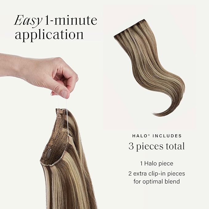 Luxy 100% Remy Human Hair – Halo Clip-In Hair Extensions –Natural Looking Volume & Length - One-Piece - Easy 5-Min Application 140 grams 16" Ash Brown Highlights