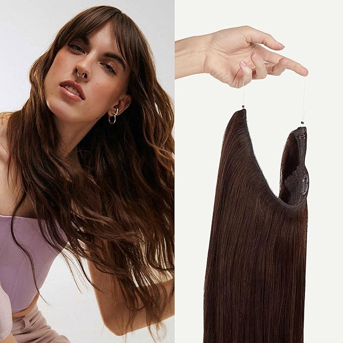 Luxy 100% Remy Human Hair – Halo Clip-In Hair Extensions –Natural Looking Volume & Length - One-Piece - Easy 5-Min Application 140 grams 16" Chocolate Brown Halo