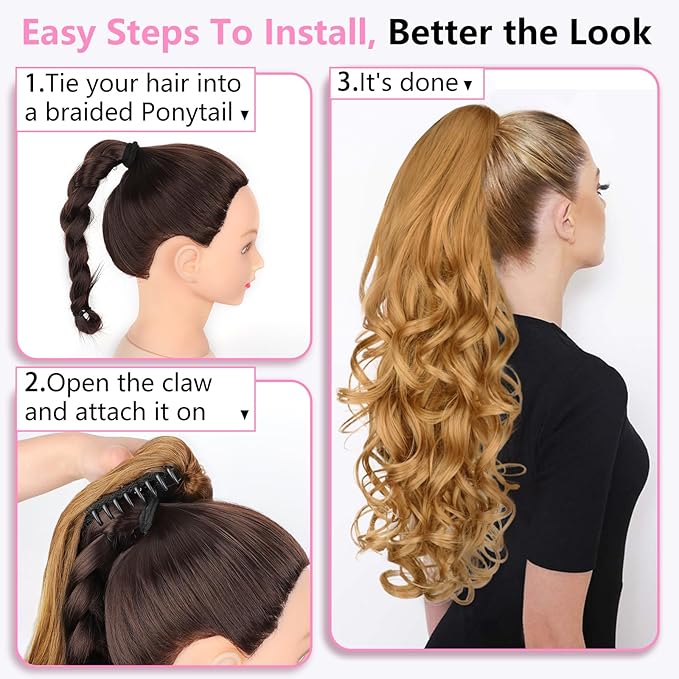 ALXNAN Ponytail Extension,24 Inch Claw Clip in Long Curly Wavy Light Orange Blonde Ponytail Hair Extension Jaw Clip on Pony Tails Hairpiece for Women