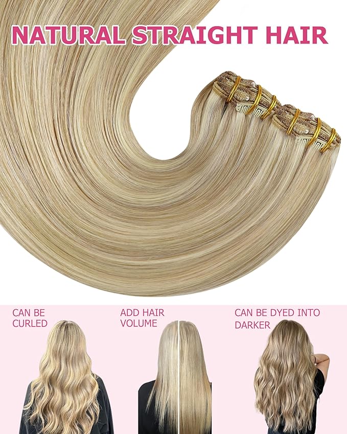 YoungSee Clip in Human Hair Extensions Blonde Clip on Hair Extension for Women Light Blonde Mixed Golden Blond Hair Extension Clip ins for Full Head 7Pcs 20In 120G