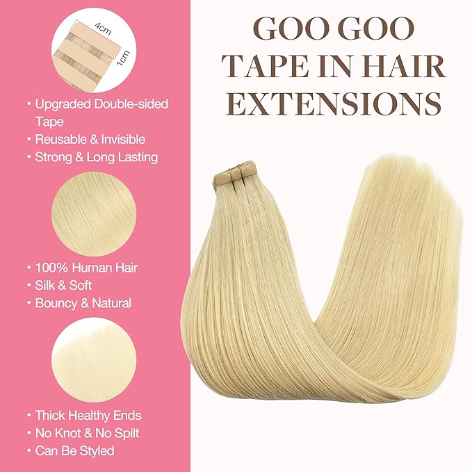 GOO GOO Tape in Hair Extensions Human Hair, 613R Bleach Blonde, 12inch 80g 40pcs, Skin Weft Seamless Invisible, Silky Straight with Thick Ends, Remy Human Hair