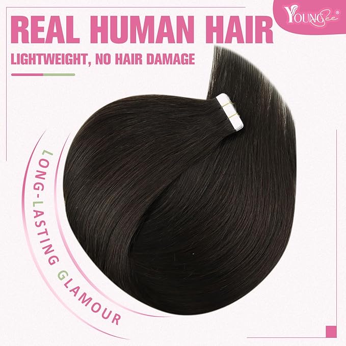 YoungSee 28 Inch Tape in Hair Extensions Real Human Hair Brown 20pcs 50g Invisible Tape in Extensions Human Hair Dark Brown Tapes on Remy Hair Extension for Long Straight Hair