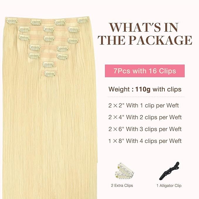 GOO GOO Clip in Hair Extensions Real Human Hair, Remy Human Hair Extensions Clip ins for Women, Natural Human Hair, 20inch 110g 7Pcs, 22F Light Golden Blonde