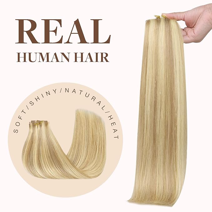 GOO GOO Clip in Hair Extensions Real Human Hair, Remy Human Hair Extensions Clip ins for Women, Natural Human Hair, 18inch 130g 7Pcs, 18D/22F Dirty Blonde Highlights