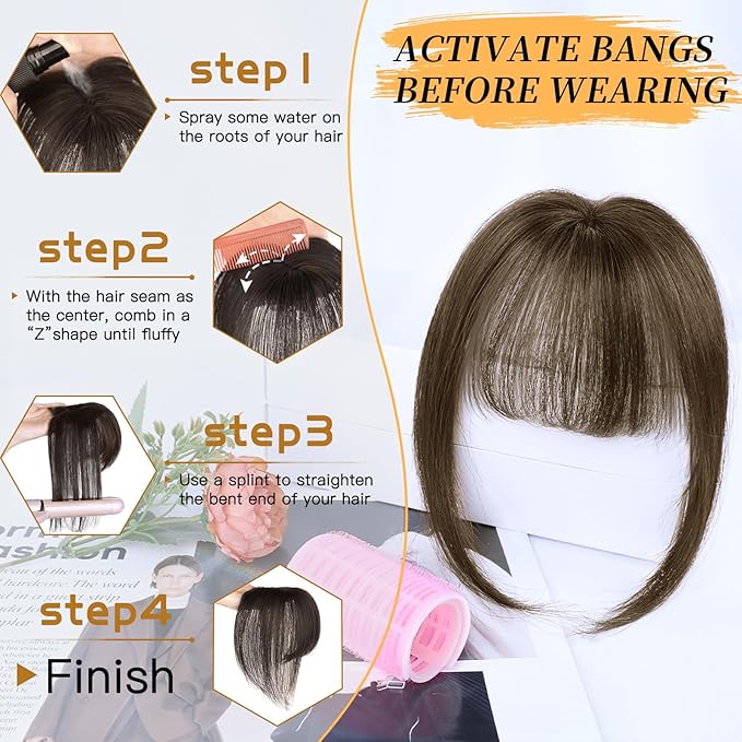 NAYOO Hair Toppers for Women Real Human Hair, 360° Cover Clips in Full Fringe Fake Bangs Hair Pieces for Women Girls Daily Wear (2# Darkst Brown)