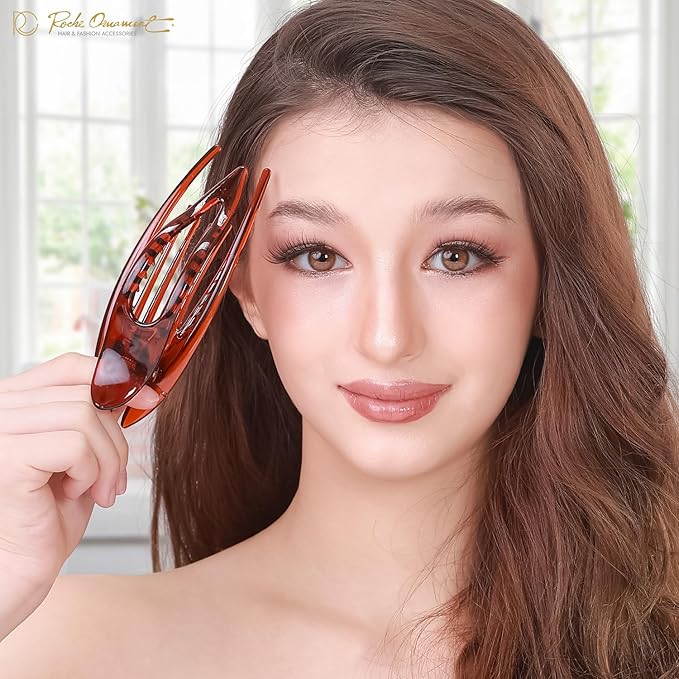 RC ROCHE 6 Pcs Flat Hair Clips Big Claw for Thick Hair French Duckbill Women No Slip Side Slide Curved Alligator Concord Strong Grip Hold Volume Lay Down Clamp, Small Brown