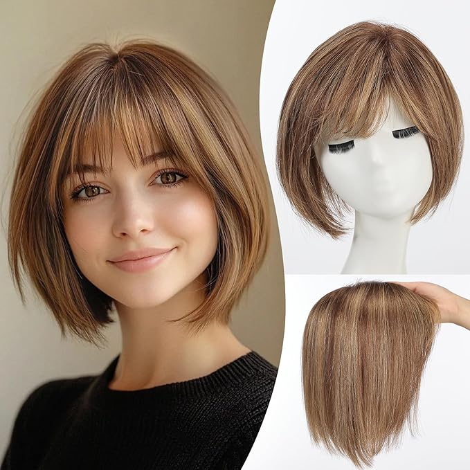 EMMOR Human Hair Toppers for Women Short Bob Real Hair with Bangs 10" Side Part Hairpieces for Women with Thin Hair 6.5" × 6.5" Larger Base Human Wig Toppers(Mixed Brown)