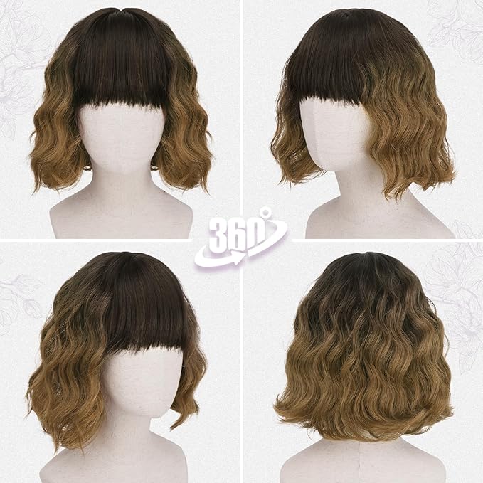 BARSDAR Brown Ombre Short Wavy Wig with Bangs - Short Wavy Brown Wig for Women - Fluffy Soft Synthetic Curly Textured French Bob Ombre Wigs with Bangs Natural Looking Face-Framing Daily