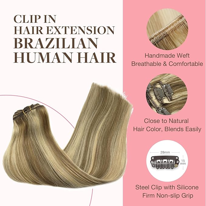 GOO GOO Clip in Hair Extensions Real Human Hair, Remy Human Hair Extensions Clip ins for Women, Natural Human Hair, 20inch 120g 7Pcs, 8A/22 Medium Brown Highlighted Golden Blonde