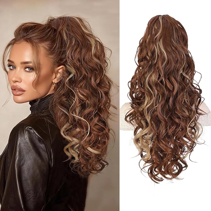 QGZ 20" Wavy Ponytail Extension, Claw Clip Ponytail Hair Extension, Natural Synthetic Hairpiece for Women Daily Use(Light Brown Mixed Blonde)