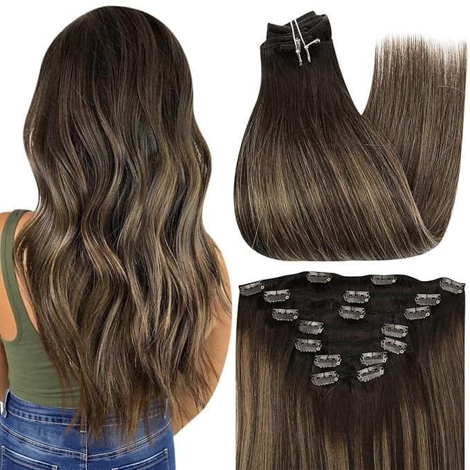 Full Shine Real Hair Extensions Clip in Human Hair 12 Inch Balayage Dark Brown to Ash Brown Clip in Extensions Real Human Hair Short Hair Extensions 7 Pcs 95 G
