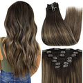 Full Shine Real Hair Extensions Clip in Human Hair 12 Inch Balayage Dark Brown to Ash Brown Clip in Extensions Real Human Hair Short Hair Extensions 7 Pcs 95 G