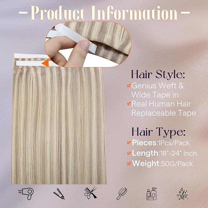 Full Shine Blonde Tape in Hair Extensions Human Hair Color 18 Ash Blonde And 613 Blonde Tape in Weft Hair Extensions Human Hair Invisible Skin Weft Tape ins 24Inch 50G One Piece Natural for Full Head