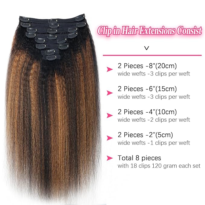 T1BP1B/30 Omber Kinky Straight Clip in Hair Extensions Real Human Hair For Women Highlight Hair Extensions Kinky Straight Clip ins(18inch,T1BP1B/30)