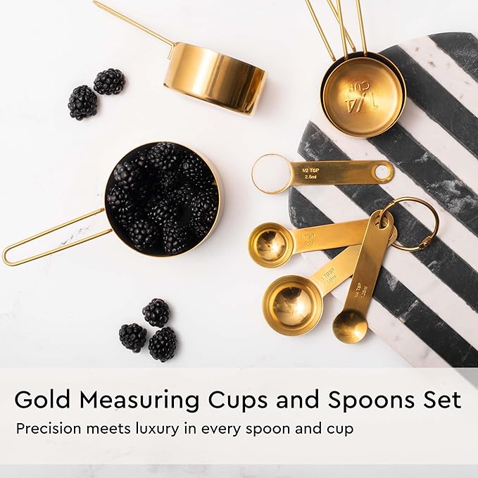 Gold Kitchen Utensils Set - 19-Piece Set Includes Stainless Steel Gold Utensils, White Silicone Tools, and Measuring Cups and Spoons - Luxury Kitchen Accessories for Modern Cooking, Serving, & Gifting