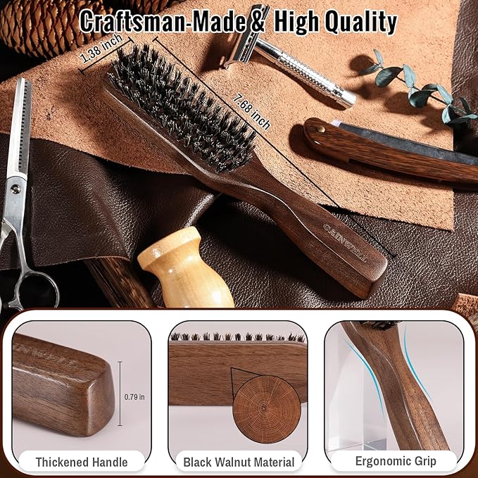 Mens Wild Boar Bristle Hair Brush for Men - Slick Back Hair Brush - Stiff Bristles for Thick Hair, Natural Black Walnut Wooden Handle Hairbrush, Beard Mustache Brush Comb by GAINWELL