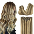 GOO GOO Clip in Hair Extensions Real Human Hair, Remy Human Hair Extensions Clip ins for Women, Natural Human Hair, 22inch 120g 7Pcs, 8A/22 Medium Brown Highlighted Golden Blonde
