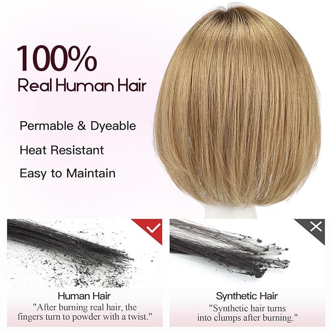 EMMOR Human Hair Toppers for Women Short Bob Real Hair with Bangs 10" Side Part Hairpieces for Women with Thin Hair 6.5" × 6.5" Larger Base Human Wig Toppers(Ombre Light Brown)