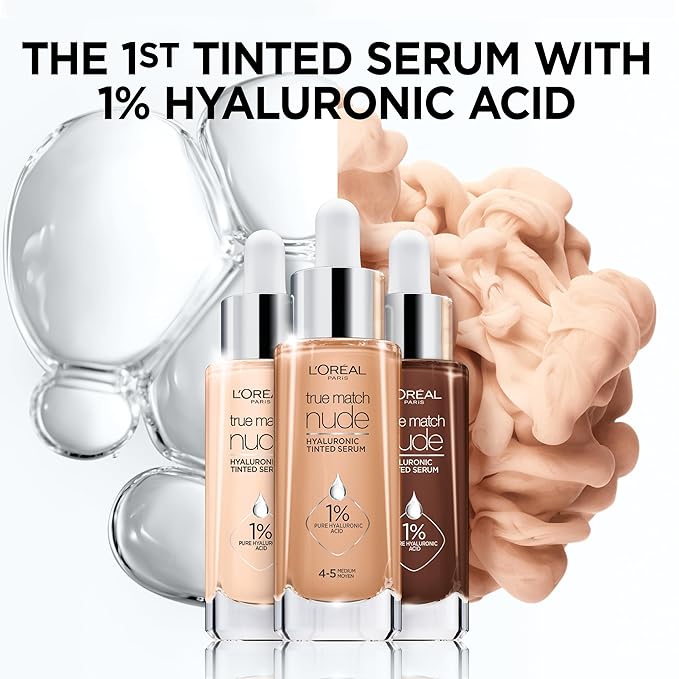 L'Oreal Paris True Match Nude Hyaluronic Tinted Serum Foundation with 1% Hyaluronic acid, Rich Medium 4.5-5.5, 1 fl. oz.