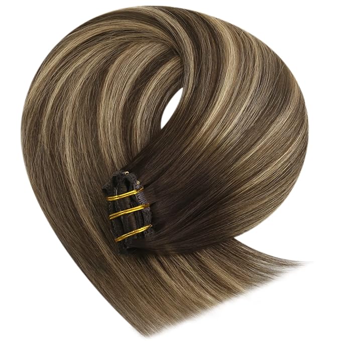 YoungSee Clip in Hair Extensions Human Hair Balayage Brown Human Hair Clip in Extensions Balayage Chocolate Brown Mix Caramel Blonde Full Head Clip ins Real Hair Extension Add Length 120G 20Inch