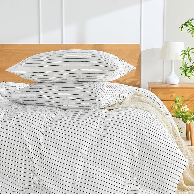 JELLYMONI 100% Natural Cotton Striped King Pillowcases Set, 2 Pack White with Thin Black Stripes Pattern Printed Pillow Covers with Envelope Closure (Pillows are not Included)