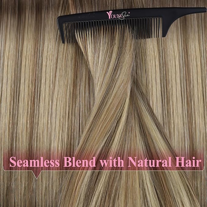 YoungSee Tape in Extensions Human Hair Balayage Brown Hair Extensions Tape in Ombre Light Brown to Blonde Tape-in Hair Extensions Real Human Hair 14 Inch 20pcs 50g for Daily