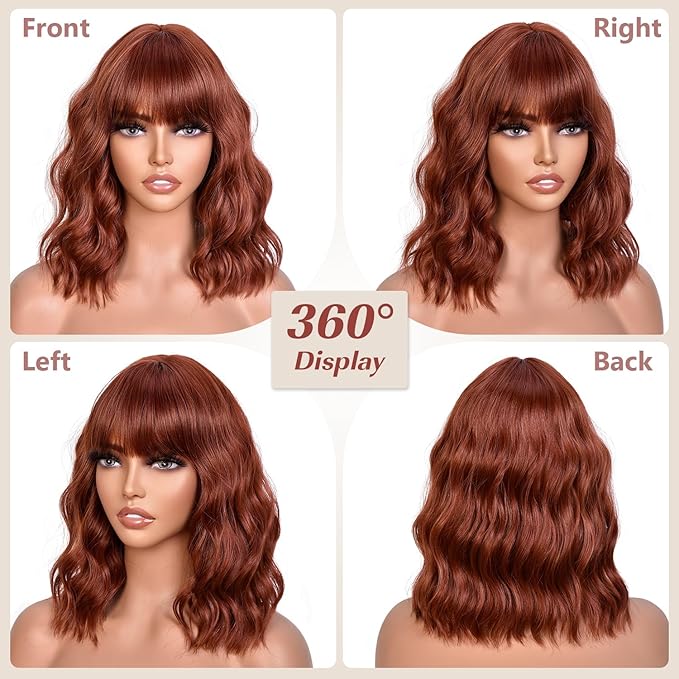 Bob Wig With Bangs Wave Wigs for Women 14 Inch Short Loose Wavy Heat Resistant Synthetic Wig Shoulder Length Hair for Daily and Cospaly Party Use (Auburn)