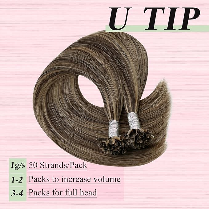 YoungSee U Tip Hair Extensions Human Hair Brown with Blonde Highlight Utip Hair Extensions Human Hair Brown Ktip Human Hair Extension Highlight Hair Extension U Tip for Women 14In 1G/S 50G