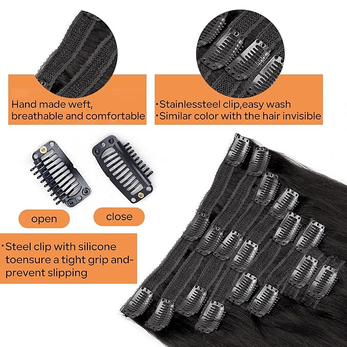 Straight Clip In Hair Extensions Real Human Hair 8Pcs Clip In Jet Black Human Hair Extensions with 18Clips Lace Weft 120g 22inch