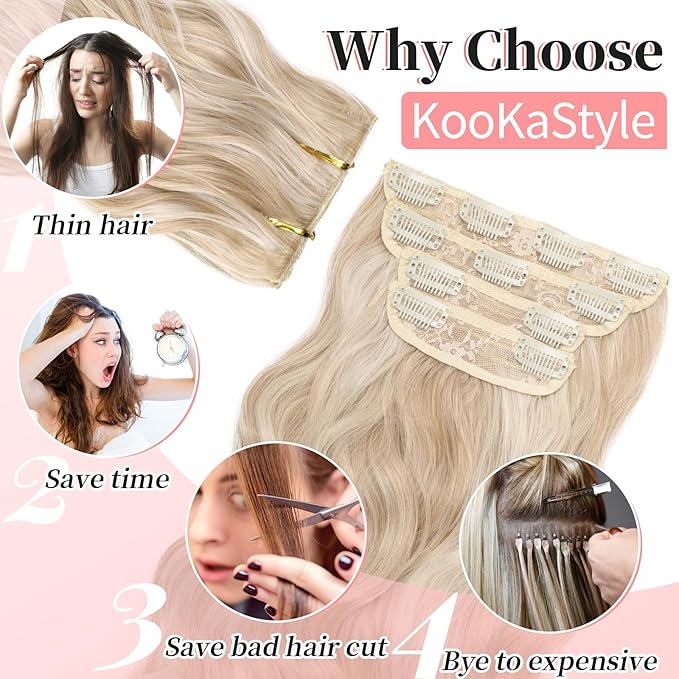 KooKaStyle Clip in Long Wavy Synthetic Hair Extension 24 Inch Pearl Blonde 4PCS Thick Hairpieces Fiber Double Weft Hair for Women