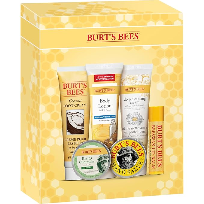 Burt's Bees Back to School Gifts Ideas, 6 College Dorm Products, Timeless Minis Set – Beeswax Lip Balm, Coconut Foot Cream, Milk & Honey Body Lotion, Deep Cleansing Cream, Res-Q Ointment & Hand Salve