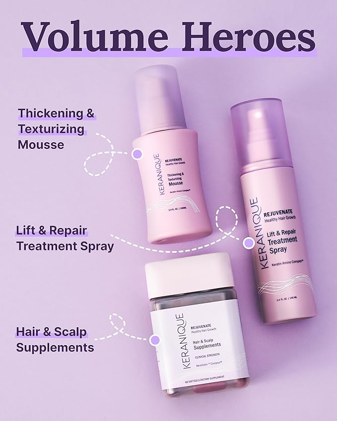 Keranique Hair Thickening Spray for Instant Volume, Texture & Lift for Fine Hair - Heat Damage Protectant With Keratin 6.8 oz