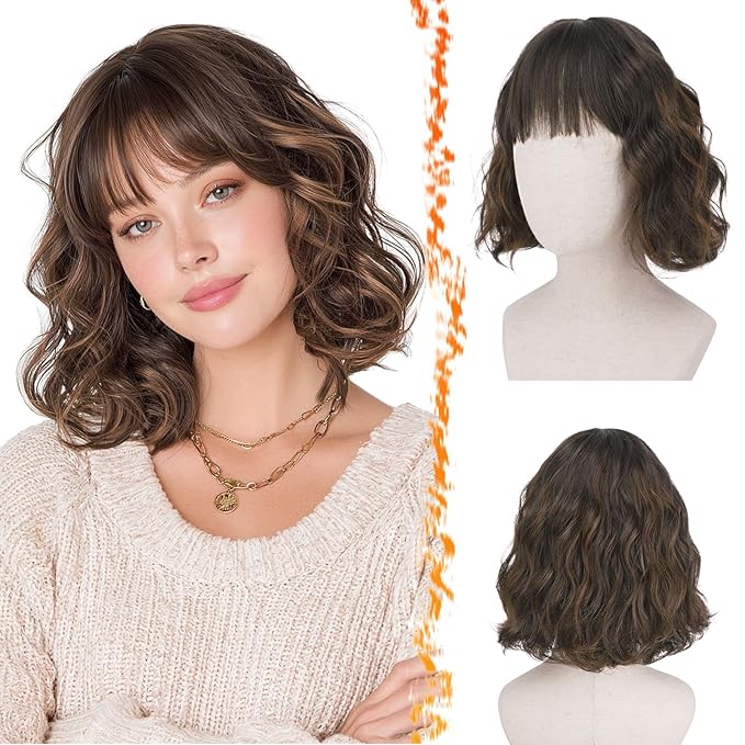 BARSDAR Short Wavy Brown Highlight Wig with Bangs - Short Brown Highlights Wigs for Women - Curly Wavy Textured French Bob Wig with Bangs Soft Synthetic Natural Looking Face-Framing Daily Party