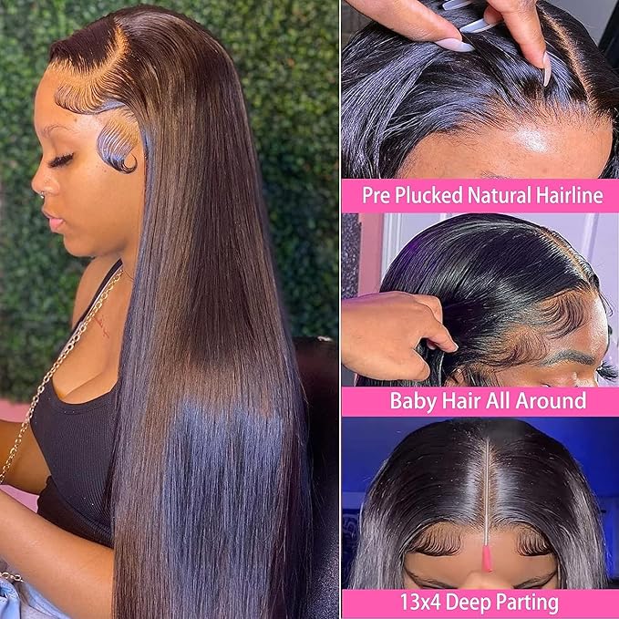 Lemoda 13x6 Straight Lace Front Wigs Human Hair 180% Density 13x6 HD Transparent Lace Front Wig Pre Plucked 15A Brazilian Virgin Glueless Human Hair Wigs for Women 34 Inch
