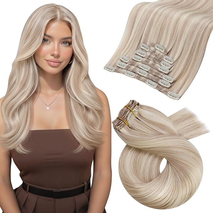 Moresoo Blonde Clip in Hair Extensions Blonde Highlights Human Hair Clip in Extensions Ash Blond with Bleach Blond Remy Human Hair Long 120g/7pcs 22 inch