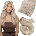 Moresoo Clip in Hair Extensions Real Human Hair Ash Blonde with Bleach Blonde Hair Extensions Clip ins Blond Highlights Remy Human Hair Straight Double Weft 120g/7pcs 16 inch
