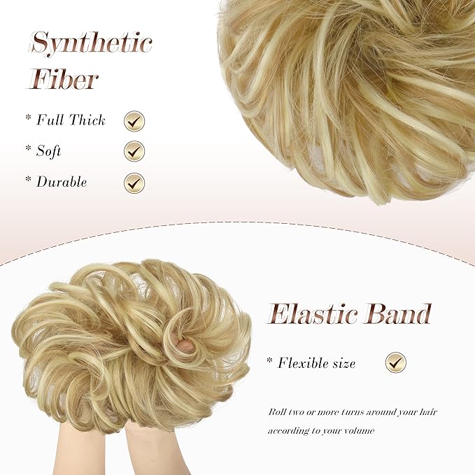 FESHFEN Messy Bun Hair Piece - Elastic Wavy Curly Hair Bun Scrunchies Extensions Synthetic Chignon Hairpieces for Women Girls, Light Ash Brown & Bleach Blonde 1.5 oz