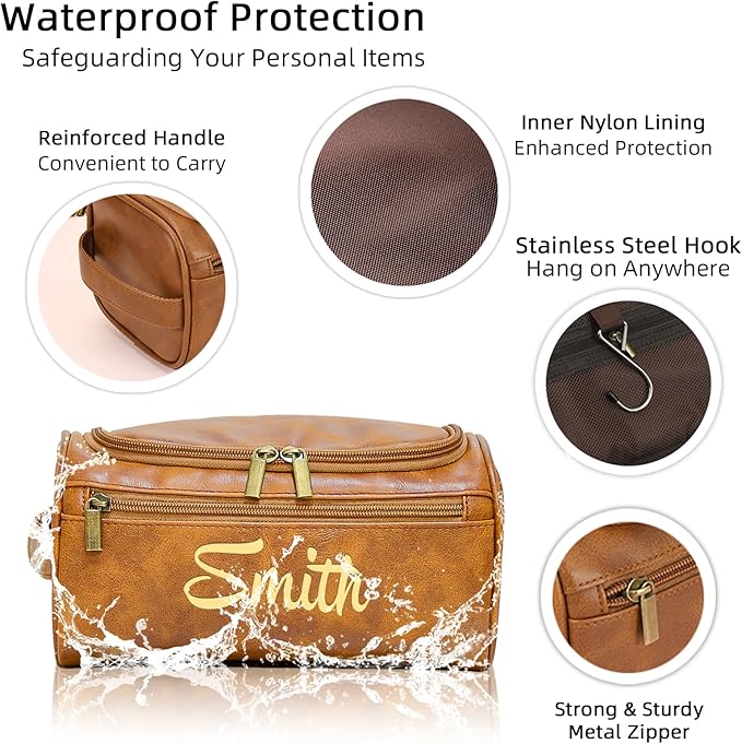 Personalized Toiletry Bag for Men, Engraved Name Initials Toiletry Bag, Customized Monogram Travel Shaving Dopp Kit for Groomsmen, Gift for Christmas, Birthday, Dad, Husband (Dark Brown)
