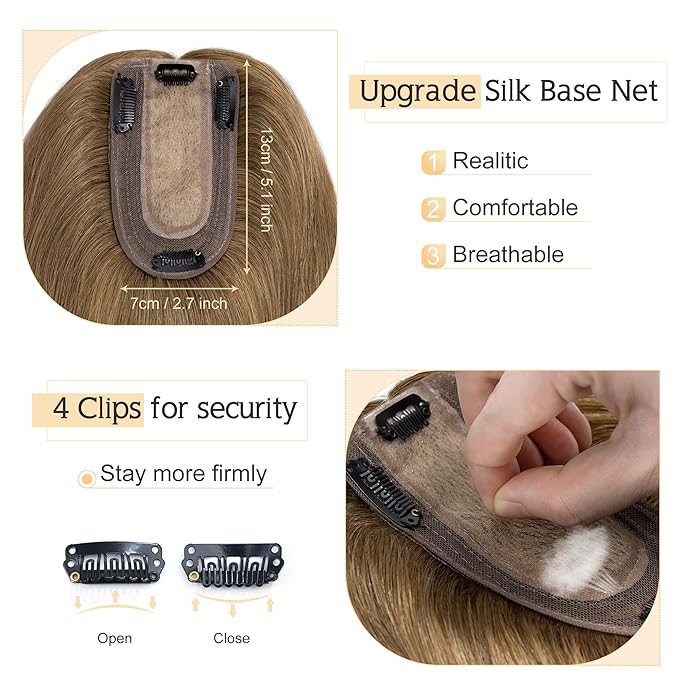 SEGO Human Hair Toppers for Women With Thinning-Hair, 7 * 13CM Silk Base 100% Real Human-Hair Clip in Top Wiglet Hairpieces -14 Inch No Bangs Light Brown