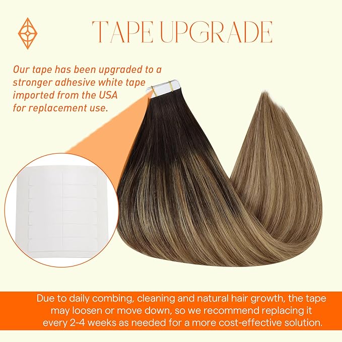 Full Shine Hair Extensions Tape in 16 Inch Seamless Human Hair Tape In Extensions Color 2/8/27 Brown Roots to Blonde and Brown Straight Hair Extensions Tape in 50 Gram Soft Remy 20 Pcs for Party