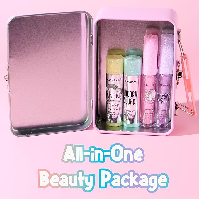 Expressions 5pc Cosmetics Lip Kit For Kids w/Lip Glosses, Lip Balms & Tin Box Storage Case I Believe in Unicorns Rhinestone,Washable + Non Toxic
