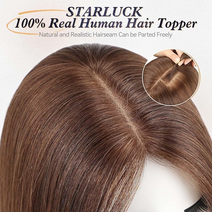 starluck Human Hair Toppers for Women Real Human Hair No Bangs 4 * 5.5 inch Base 12 inch SilkHug Hair Topper for Women Cover Grey Roots(Medium Brown)