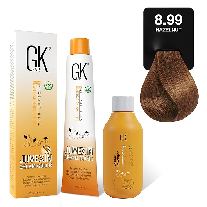 GK HAIR Global Keratin Chocolate 8.99 Hazelnut Hair Color Cream Tube (3.4 Fl Oz/100ml) + 20 Volume Developer (5 Fl Oz/150ml) - Professional Permanent Long Lasting Toner Dye