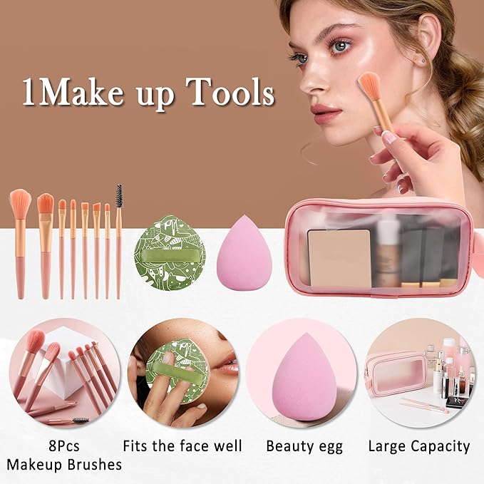All In One Multipurpose Makeup Kit for Women,Travel Makeup Set,Makeup Gift Full Kit,Includes Foundation Eyeshadow Palette Lipstick Mascara Eyeliner Blusher Cosmetic Brush Set with Makeup Bag-Set C
