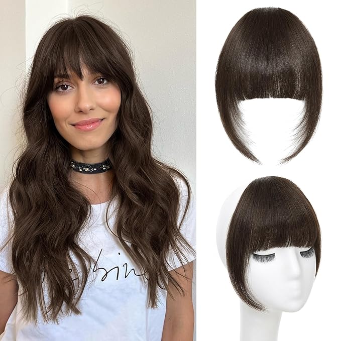 Clip In Bangs for Women, Dark Brown French Bangs Hair Clip with Temples, 100% Real Human Hair Layered Curved Fringe for Halloween and Daily Use(Dark Brown, French Bangs)